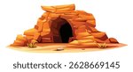 Desert cave with layered rock formations and arid terrain. Vector cartoon illustration