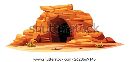 Desert cave with layered rock formations and arid terrain. Vector cartoon illustration