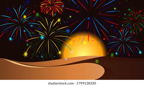 Desert with celebration fireworks scene illustration