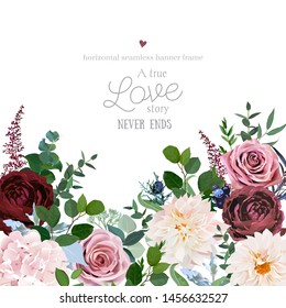 Desert cinnamon, brown, dusty pink roses, dahlia, burgundy flowers, juniper, eucalyptus, greenery, astilbe, hydrangea design wedding frame.Fall boho vector.Elements are isolated and editable