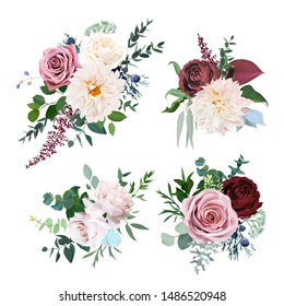 Desert cinnamon, brown, dusty pink and creamy roses, dahlia, burgundy anthurium flowers, juniper, eucalyptus, greenery, astilbe wedding vector bouquets.Warm fall and winter tones.Isolated and editable