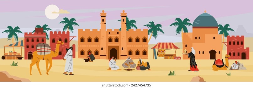 Desert city with citizens and buildings, flat vector illustration. Deserted Arab city background with nomadic Bedouins passing by on camels and sitting near fire.