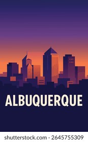 A paisagem urbana desértica de Albuquerque no crepúsculo captura a mistura perfeita de beleza natural e charme urbano, com o brilho da noite lançando uma atmosfera pacífica e vibrante em todo o sudoeste