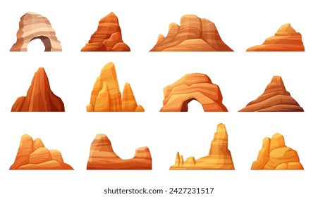desert cliffs. brown cracked mountain pieces set, minimalistic rocky canyon landscape elements collection. set of isolated items.