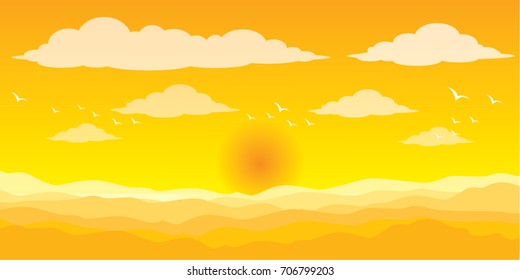 Desert and clouds and bird in sky and hot air, Vector illustration