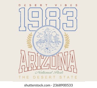 Club del desierto. Diseño gráfico de camisetas de tipografía de la universidad del desierto de Arizona. Obra vintage para prendas de vestir, pegatinas, lotes, fondo, afiches y otros. Impresión de eslóganes vintage de la universidad de tipografía.