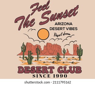 Diseño gráfico del club del desierto para camiseta, afiche, fondo y pegatina. Obra vectorial vintage de aventura del desierto de Arizona. 