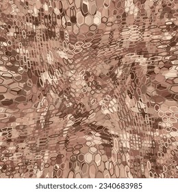 Desert color spotted camouflage masking hexagonal netting. Beige and brown coloring seamless vector pattern. Hiding hex shape texture of abstract military background for army design.