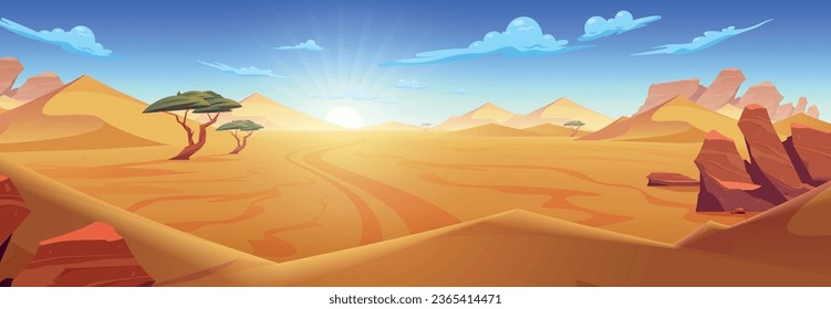 Desert composition with horizontal landscape of wasteland with mountain rocks sands and sky with dawning sun vector illustration