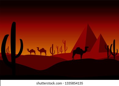 Desert concept - camels in desert with cactuses and pyramids. Camels caravan going through the sand dunes in desert. Landscape, panoramic, outside view on wild nature. Editable, layered illustration.
