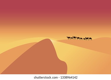 Desert concept - camels in desert. Camels caravan going through the sand dunes in desert. Landscape, panoramic, outside view on wild nature.