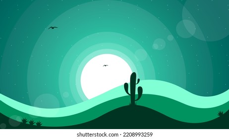 Desert Concept For Desktop Walpaper. Desert Nature Background. Desert With Cactus. Cartoon Desert Landscape. 4k Desktop Walpaper. Night Background.