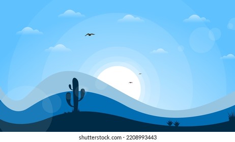 Desert Concept For desktop Walpaper. desert nature background. desert with cactus. Cartoon desert landscape. 4k desktop walpaper. sun and clouds.