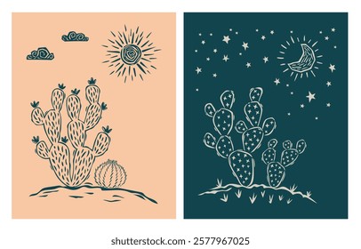 Desert contour illustration. Line landscape with sun, moon, cactus and succulents. Hand drawn in Boho style. Vector illustration