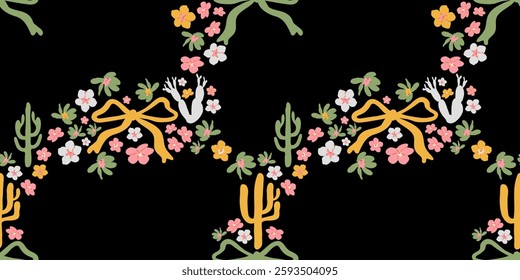 Desert Coquette illustration with cactus, flowers and bows. Seamless pattern in groovy 60s 70s vibes. Minimal background