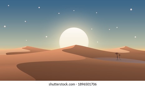 Desert cover with oasis and palm trees. Nature background. Vector illustration