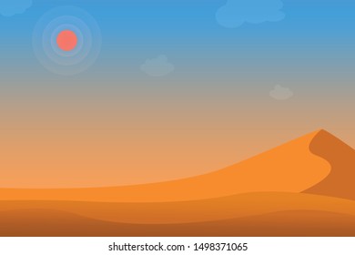 Desert at day. Sun and cloud on sky at desert hot. Vector illustration.
