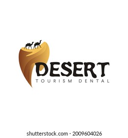 desert dental clinic logo, torism dental servise with scene camel and tooth vector