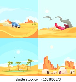 Desert design concept with deserted region landscapes with rally cars oasis fallen aircraft and dwelling houses  vector illustration