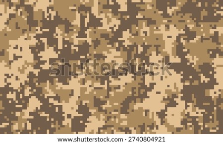 Desert digital camouflage pattern. Seamless texture ideal for backgrounds, textiles, military, or outdoor designs.  A pixelated design representing concealment and adaptability.