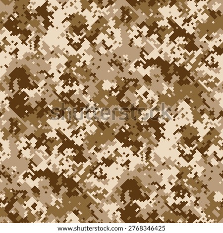 Desert digital camouflage pattern.  Versatile design ideal for apparel, packaging, or militarythemed projects.  Abstract texture with earthy tones creates a sense of concealment and strength.