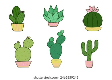 Desert Doodle green cactus set. Cute succulent or cacti plant with colorful pots, mexican plants color vector sticker set, prickly plant badges in pots isolated on white