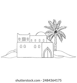 Desert double decker ancient house in sand with palm tree line vector illustration in black and white. Middle East traditional architecture in Israel, Saudi Arabia or Morocco for Jewish culture