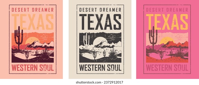 Desert Dreamer Texas, western soul, t-shirt design, women's graphic tee, west wild vibes design in three combination,   desert state t shirt graphic design. Vintage artwork for apparel, sticker, batch