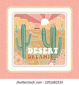 Desert Dreaming Arizona sticker. Arizoma vibes graphic print design for apparel, posters. Outdoor western vintage artwork. Joshua desert t-shirt. Outline vector hand drawn illustration