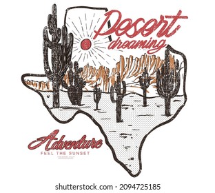 Desert dreaming graphic print artwork for apparel, t shirt, sticker, poster, wallpaper and others. Adventure at the desert vintage print design.