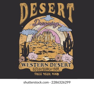 Wüstenträumende Grafiken für Bekleidung, T-Shirt, Aufkleber, Poster, Tapeten und andere. Arizona Wüstendesign. Kaktusblütenkunst für Männer, Frauen, Junge und Mädchen.