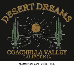Desert Dreaming Graphic Print Design For T Shirt, Sticker, Poster And Others. Desert Road Trip Vector Artwork Design.