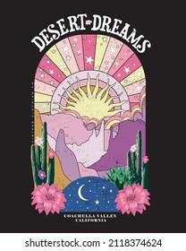 Desert Dreams slogan and desert view print, for California, Arizona desert vibes t-shirt design 