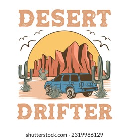 Desert Drifter, Campervan Adventure Vector Illustration T-shirt Design, Western Nature Logo Badge