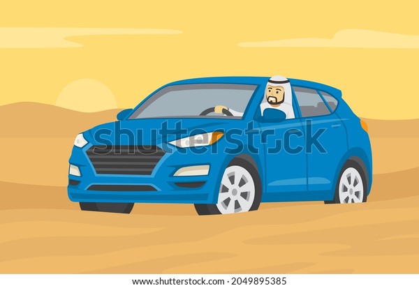 Desert\
driving tips. Happy young arab driver is driving through the sand\
dunes and looking from the open window. Character looks out the\
front window. Flat vector illustration\
template.