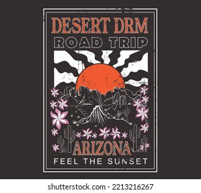 Desert DRM Road Trip, Arizona, Desert Dreaming Arizona, Desert vibes diseño gráfico vectorial para prendas de vestir, pegatinas, afiches, antecedentes y otros. Obra de arte al aire libre occidental. desierto de Arizona 