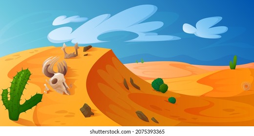 Desert dune and golden sand  animal skull   cacti under blue cloudy sky  Hot dry deserted african mexican nature landscape  scenery background and yellow sandy hills Cartoon vector illustration