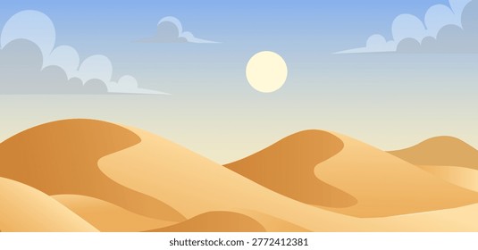 Desert dune landscape vector cartoon illustration. Desert dune mountain background sahara cartoon minimal sand design.