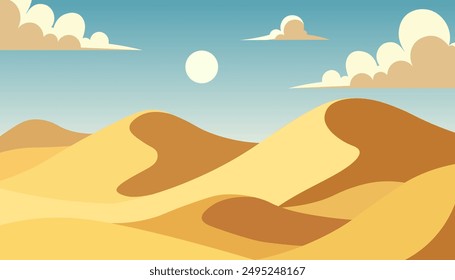 Desert dune landscape vector illustration. Desert dune mountain background realistic cartoon sahara africa yellow scene