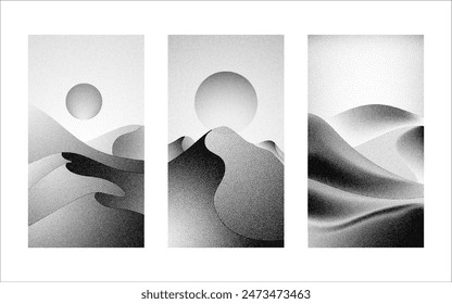 Desert and dune stipple dots silhouette poster illustration pack, noise hill mountain grainy texture