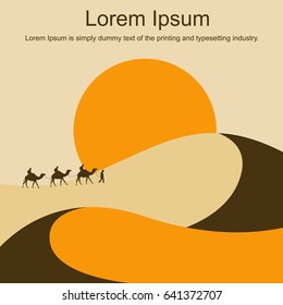 Desert with dunes, barkhans, sun and caravan of camels vector flat illustration