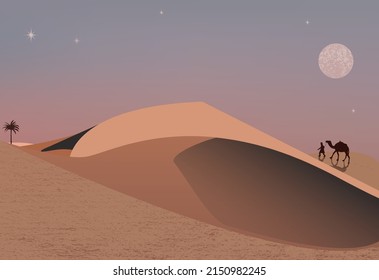 Desert dunes with camel and herder in moonlight, travel scenery, vector illustration