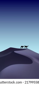 Desert dunes and camels. Vector illustration of dawn in the desert with dunes and camels in blue tones. Sketch for creativity.