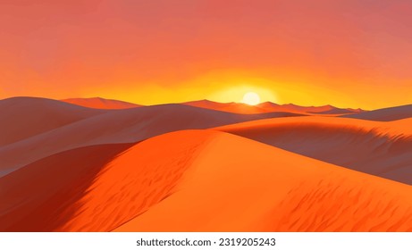 Desert with Dunes and Canyons at Dawn or Dusk Detailed Hand Drawn Painting Illustration