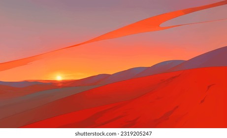 Desert with Dunes and Canyons at Dawn or Dusk Detailed Hand Drawn Painting Illustration