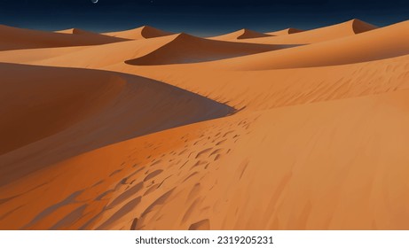 Desert with Dunes and Canyons at Night Detailed Hand Drawn Painting Illustration