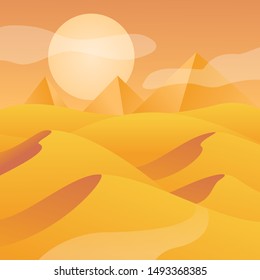 Desert dunes landscape with egyptian pyramids, vector illustration, sand and sun nature background, hot sahara desert. For travel notes, nature poster, summer banner, game background template
