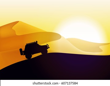 Desert dunes sunset landscape. Off road car