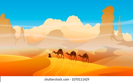 Desert dunes vector egyptian landscape background. Camel caravan with arabic people in desert landscape. Desert mountains sandstone background. Sahara nature illustration. 