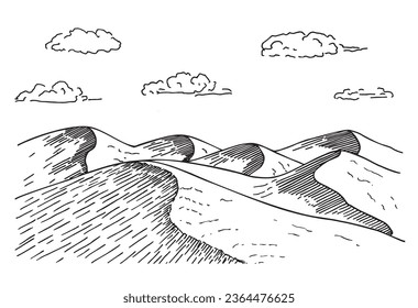 Wüstendünen, Vektorgrafik ägyptischer Landschaftshintergrund. Skizze Vektorgrafik Illustration von Sand in der Natur. Sanddünen in der Wüste.